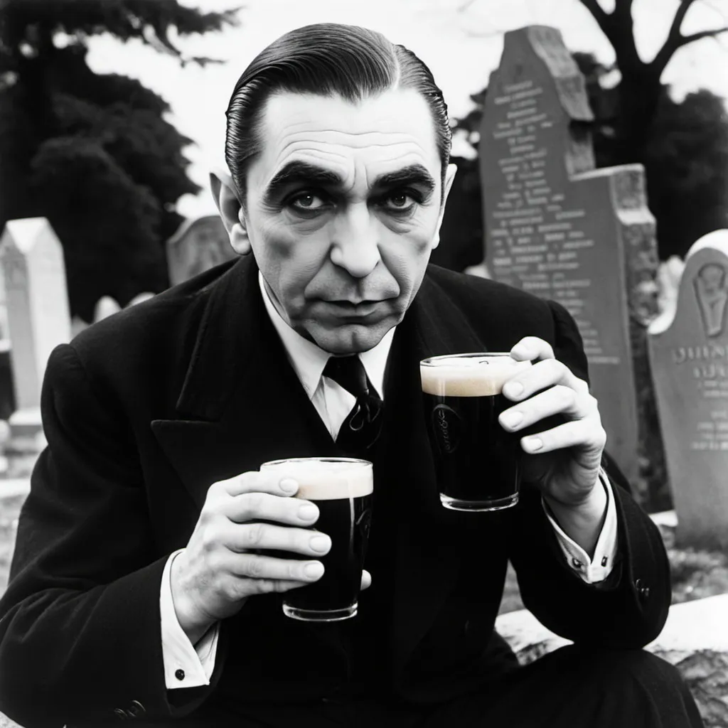 Prompt: Bela Lugosi drinking Guinness stout in a graveyard