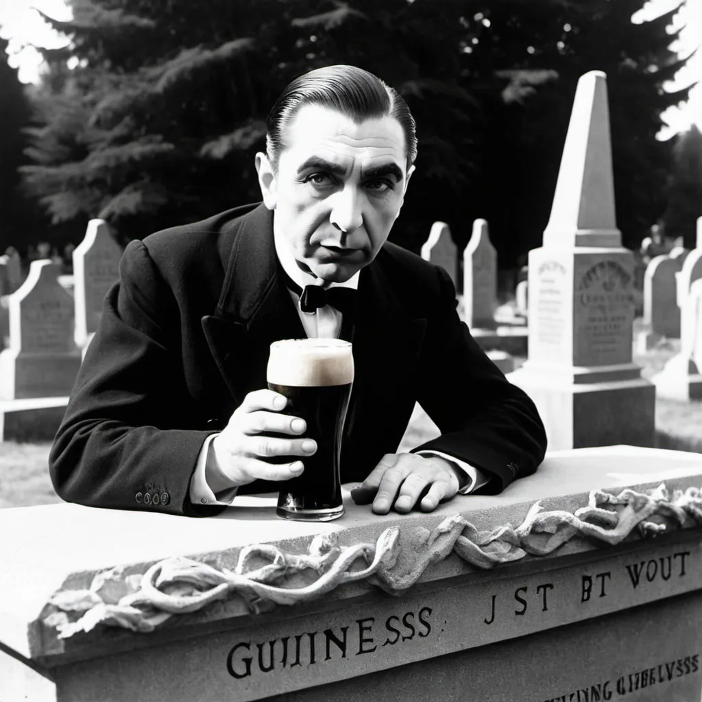 Prompt: Bela Lugosi drinking Guinness stout in a graveyard