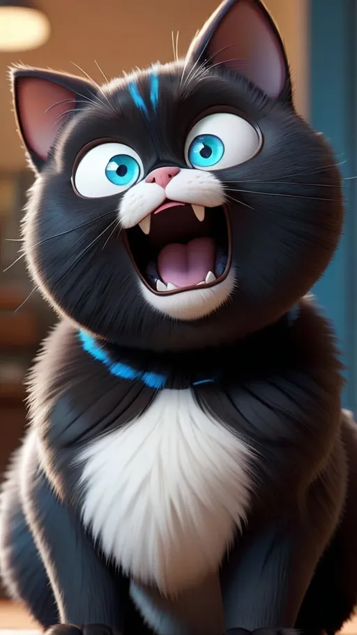 Prompt: Type: A black cat with white stripes and blue eyes.

Body: Plump/round body, thick, soft fur.

Face: Large, expressive eyes (which change depending on the situation), and chubby cheeks.

Art Style: 3D animation, Pixar style, cinematic lighting, high-resolution fur, 8K resolution.