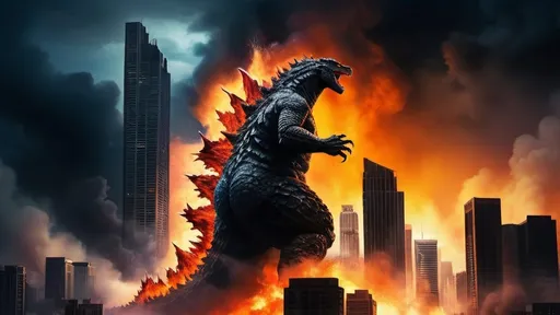 Prompt: godzilla walking through a city scape that is on fire, backdrop