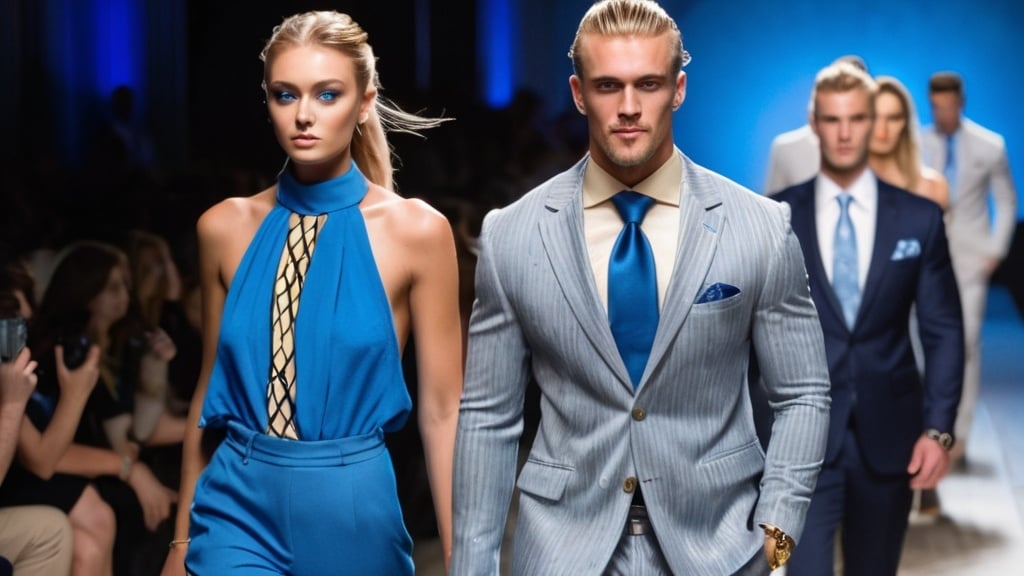 Prompt: Realistic image of a tall, muscular man named Gregory Pachulski  and a gorgeous woman on his arm walking beside him, a full body image from head to feet, with dirty blonde hair in a man bun, sharp piercing blue eyes, freckles on his face walking on a fashion model runway, wearing a blue diamond-dusted pin-striped suit, elegant footwear, photographers capturing pictures of him in awe, flashing lights, high-quality, realistic style, professional lighting, detailed facial features, refined fashion, catwalk, stylish, runway show, glamorous atmosphere, a prestigious event with a stylish grey and blue tie, and a big gold watch in a blue stylish shirt with cameras flashing taking pictures of him 