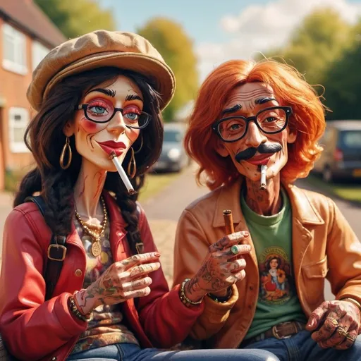 Prompt: Rosie and Jim smoking spliffs, stoned, sunny day, blurred vision, high quality, realistic, warm tones, stoner art, hazy atmosphere, sunlight filtering through, detailed characters, relaxed vibe