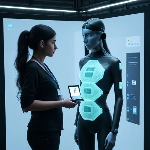 Prompt: a human standing next to their digital twin absorbing into blockchain