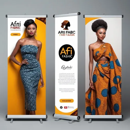 Prompt: Create a banner for my Fashion business named Afri Fabric Fashion. Displaying moderately dressed women with brand name as a banner.