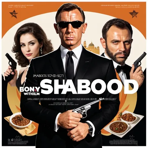 Prompt: Hi, I'd like you to create a James Bond spy thriller film poster that blends Jewish elements to do with Shabbos and Cholent. The film title is "From Shabbos with Cholent" and should be displayed in Hebrew style writing at the top.