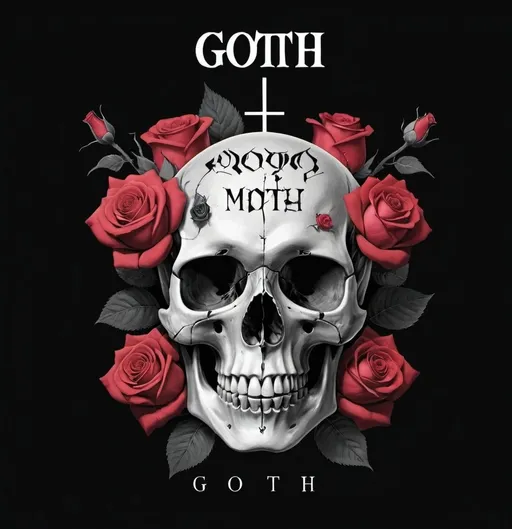 Prompt: a skull with roses on it and the word goth in the middle of it, with the word goth written across the skull, Ai-Mitsu, cubo-futurism, future, an album cover