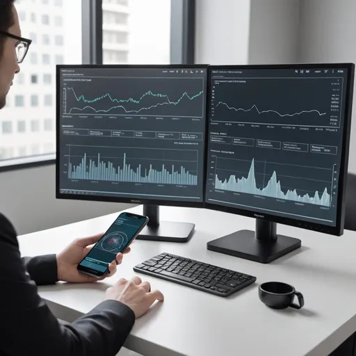 Prompt: a monitor and a smartphone is  sitting close by.  They are both showing something similar.  That is some telecom data analysis in the User Interface.  They are both on a table with no human in the picture.  the image should be simple and zen-like. 