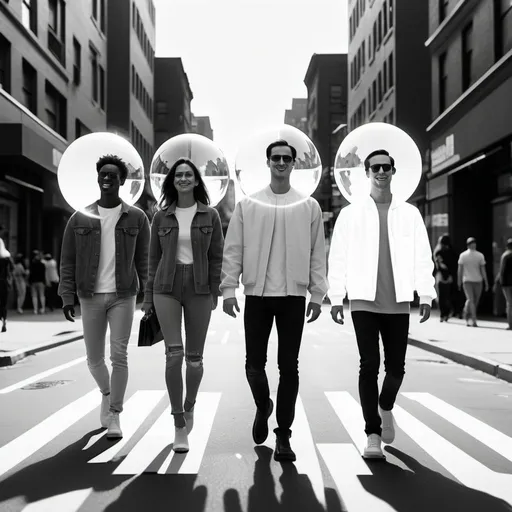 Prompt: Generate a realistic image of a group of friends happily walking on the street experiencing holograms around them and enjoying them too. Represent holograms in a clean monochrome palette giving them a sleek, modern look. This minimalist approach makes the hologram feel more sophisticated and not tied to the blue sci-fi trope.