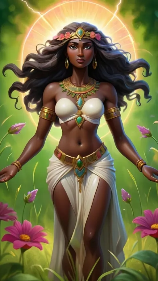 Prompt: An image of a Sumerian goddess of love and fertility, kind expression, not young, mature, dark skin, full body, lightning emitting from hands. Surrounded by lush green grass and flowers. vibrant colours. photorealistic style