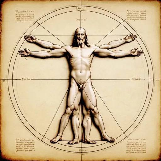 Prompt: create a version of da vinci's vitruvian man where the subject is a heavyset bald man with a goatee