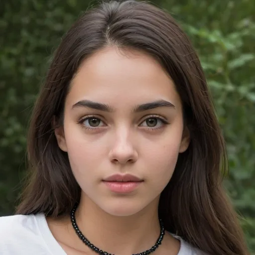 Prompt: The girl is 16 and has an oval-shaped face with a clear and smooth complexion. Her large, dark brown eyes are wide open, giving her an intense and focused gaze. Her eyebrows are thick, naturally arched, and frame her eyes well. She has a straight nose that is well-proportioned to her face, adding to her balanced facial features.

Her lips are naturally shaped, with a slight pout, and her mouth is closed, showing a neutral expression. Her cheeks have a subtle hint of rosiness, adding a touch of warmth to her face. She has long, dark hair that is wavy and falls past her shoulders, framing her face symmetrically.

She is wearing a simple white t-shirt, and there is a beaded choker necklace around her neck.