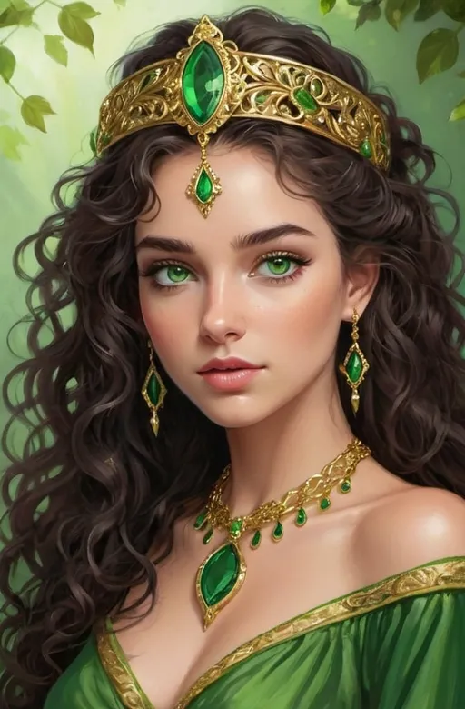 Prompt: The image depicts a strikingly beautiful young woman with a captivating presence. She has long, voluminous, dark curly hair adorned with a green headband that features delicate gold accents and leafy designs. Her vivid green eyes stand out, providing a mesmerizing contrast to her soft, glowing complexion. She has a subtle flush on her cheeks, giving her a healthy, vibrant look.

She is dressed in a green outfit that appears to be inspired by fantasy or medieval themes. The attire includes intricate gold details, adding to the ornate and regal appearance. She wears a green scarf around her neck, complemented by a statement necklace featuring a green gem and gold elements.