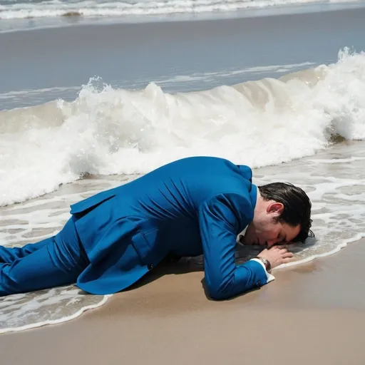 Prompt: A tall dark haired man in blue suit is lying face down in waves on a beach