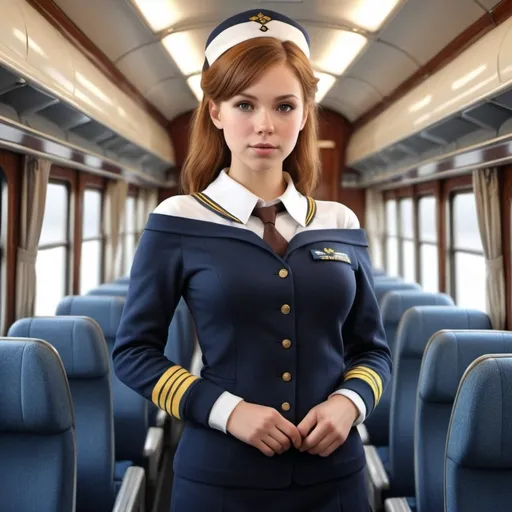 Prompt: best quality, masterpiece, ultra high res, (photorealistic:1.4), raw photo, 1girl, cute Swedish, reddish brown hair, (stewardess uniform, off shoulder sweater:1.21), (bountiful chest:1.3), (inside train:1.1) car