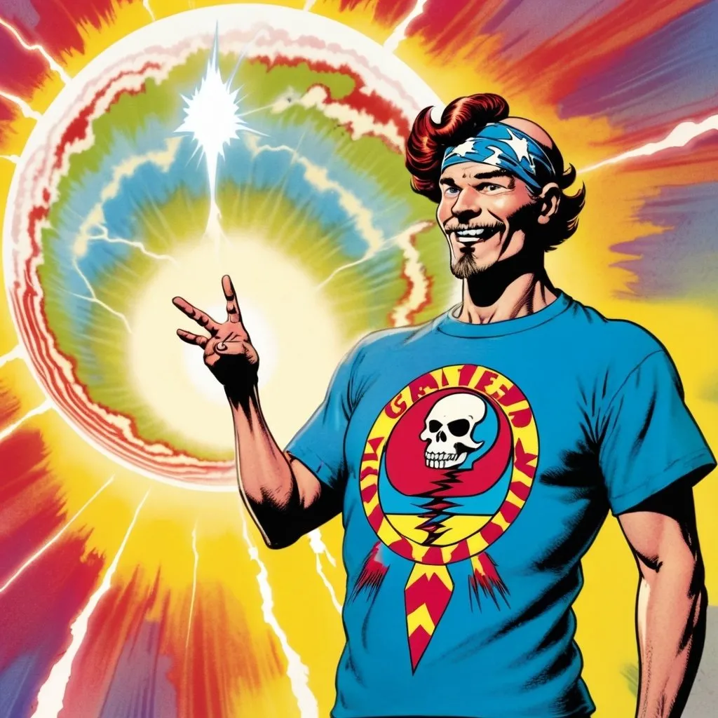 Prompt: A bald hippy with a red goatee and a headband wearing a Grateful Dead t-shirt holding ONE hand in the air standing in front of a giant sphere with a lightning bolt  in tie dye in the style of Jack Kirby and Wally Wood, 1940s vintage comic, faded colors