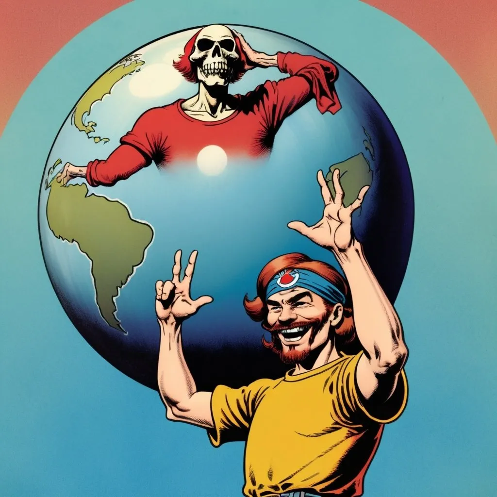 Prompt: A bald hippy with a red goatee and a headband wearing a Grateful Dead t-shirt holding ONE hand in the air standing in front of a giant sphere with a steal yer face  in the style of Jack Kirby and Wally Wood, 1940s vintage comic, faded colors