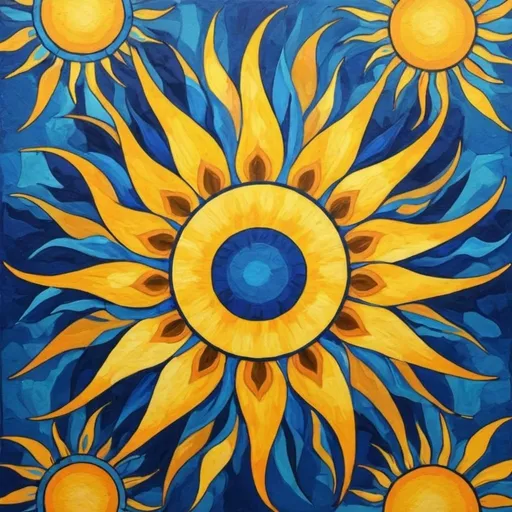 Prompt: sun pattern art abstract art bright yellows and blues

