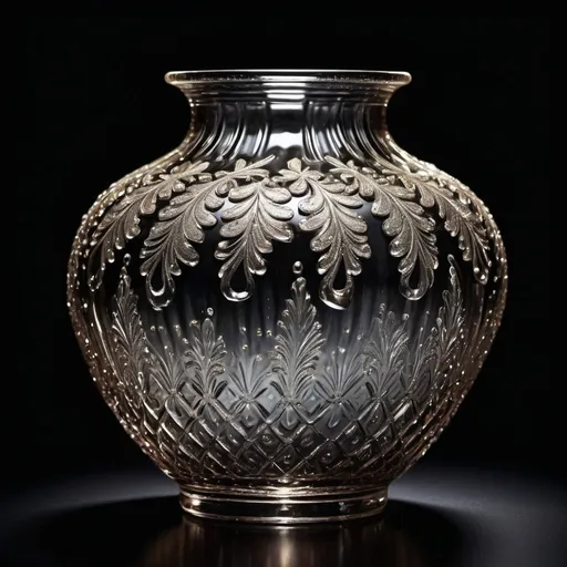 Prompt: (antique glass vase), intricate details, shimmering sparkles, (high contrast), rich textures, deep shadows, elegant curves, (black background), soft lighting highlights, luxurious ambiance, vibrant reflections, ultra-detailed, artistic composition, serene elegance, rich color saturation, memorable atmosphere.