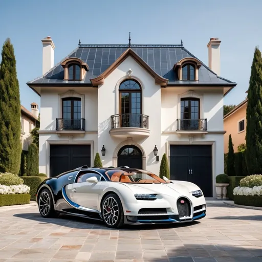 Prompt: Please describe an image of a luxury house with a Bugatti car parked in front of it during the daytime. Include details about the house's architecture, the car, and the overall scene."