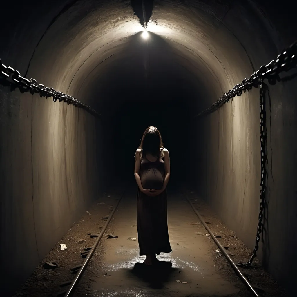 Prompt: long dark tunnel, fear, pregnant women with clothes, beaten men, chained, starved, bloody, beaten, help, 