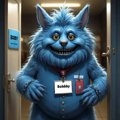 Prompt: Friendly-looking blue furry surreal creature as a greeter with a name badge that reads: Bobby" at the front doors of liminal space type hypermarket. horror Gustave Doré Greg Rutkowski