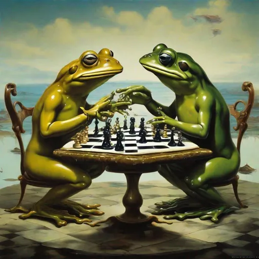 Prompt: Frogs playing chess.
Salvador Dalí style vision, surrealist, dreamlike, precise, melting