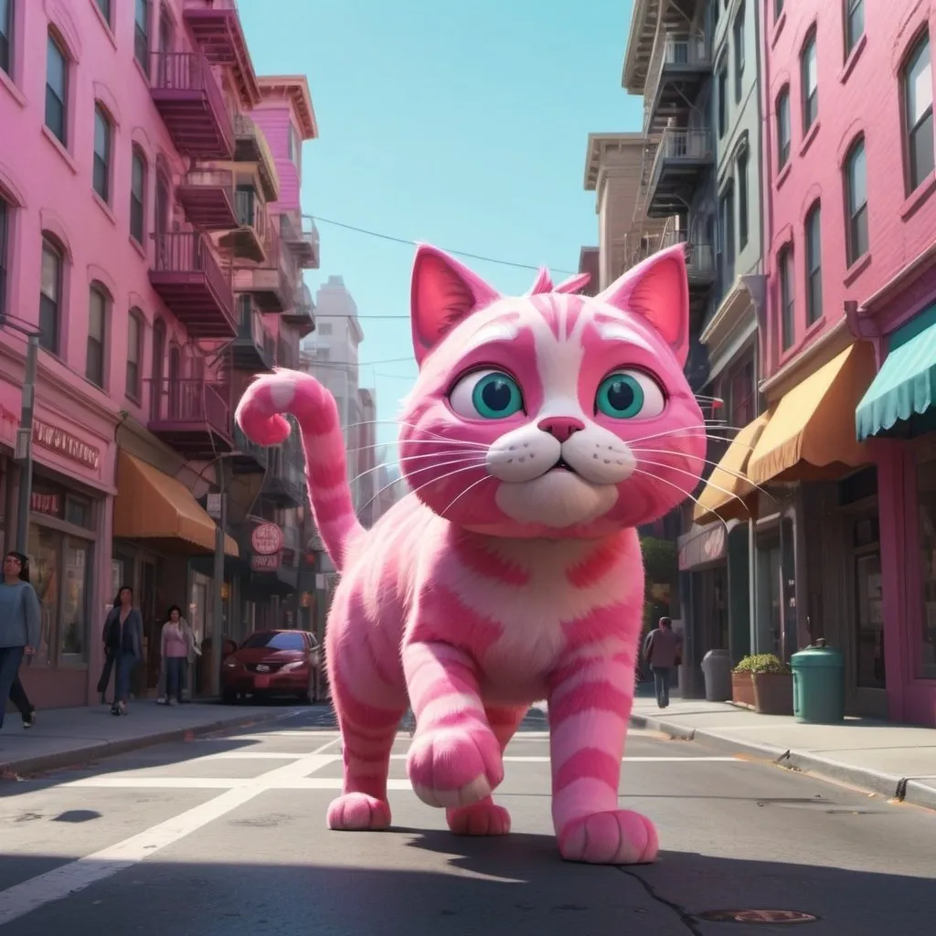 Prompt: Giant pink cat casually walking on the streets of San Francisco. Pixar, Disney, concept art, 3d digital art, Maya 3D, ZBrush Central 3D shading, bright colored background, radial gradient background, cinematic, Reimagined by industrial light and magic, 4k resolution post processing