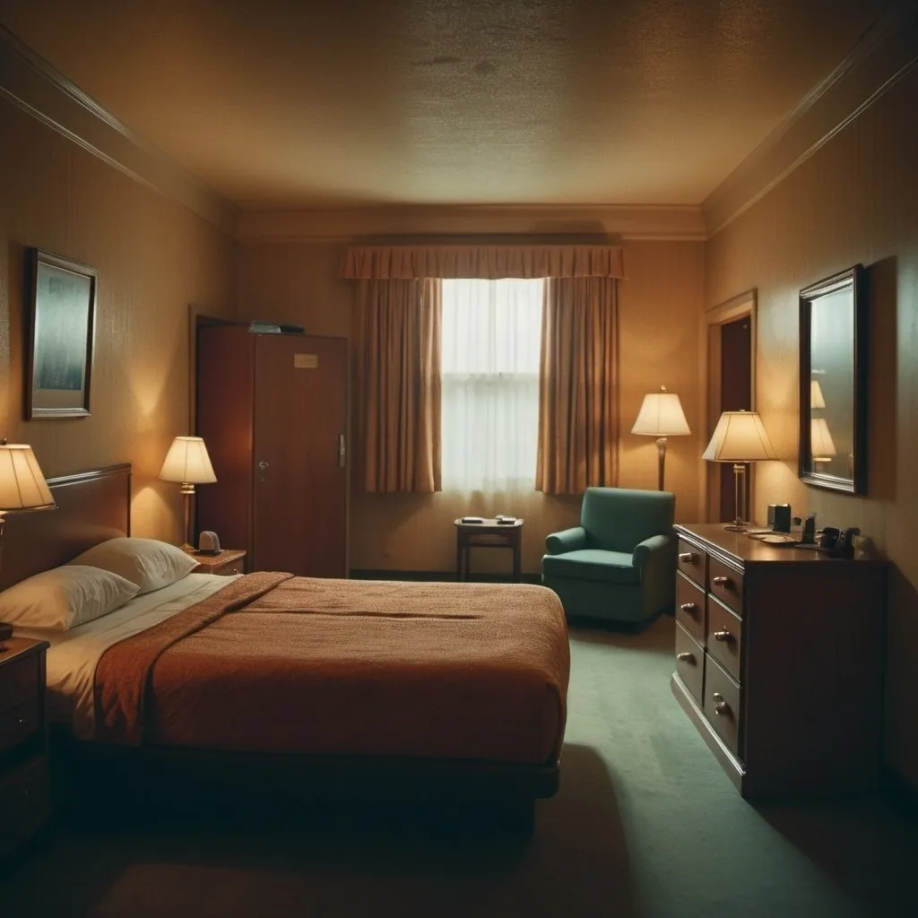 Prompt: Liminal space type hotel room resembling the style of the movie "Shining".  Cinematic film still, shot on v-raptor XL, film grain, vignette, color graded, post-processed, cinematic lighting, 35mm film, live-action, best quality, atmospheric, a masterpiece, epic, stunning, dramatic