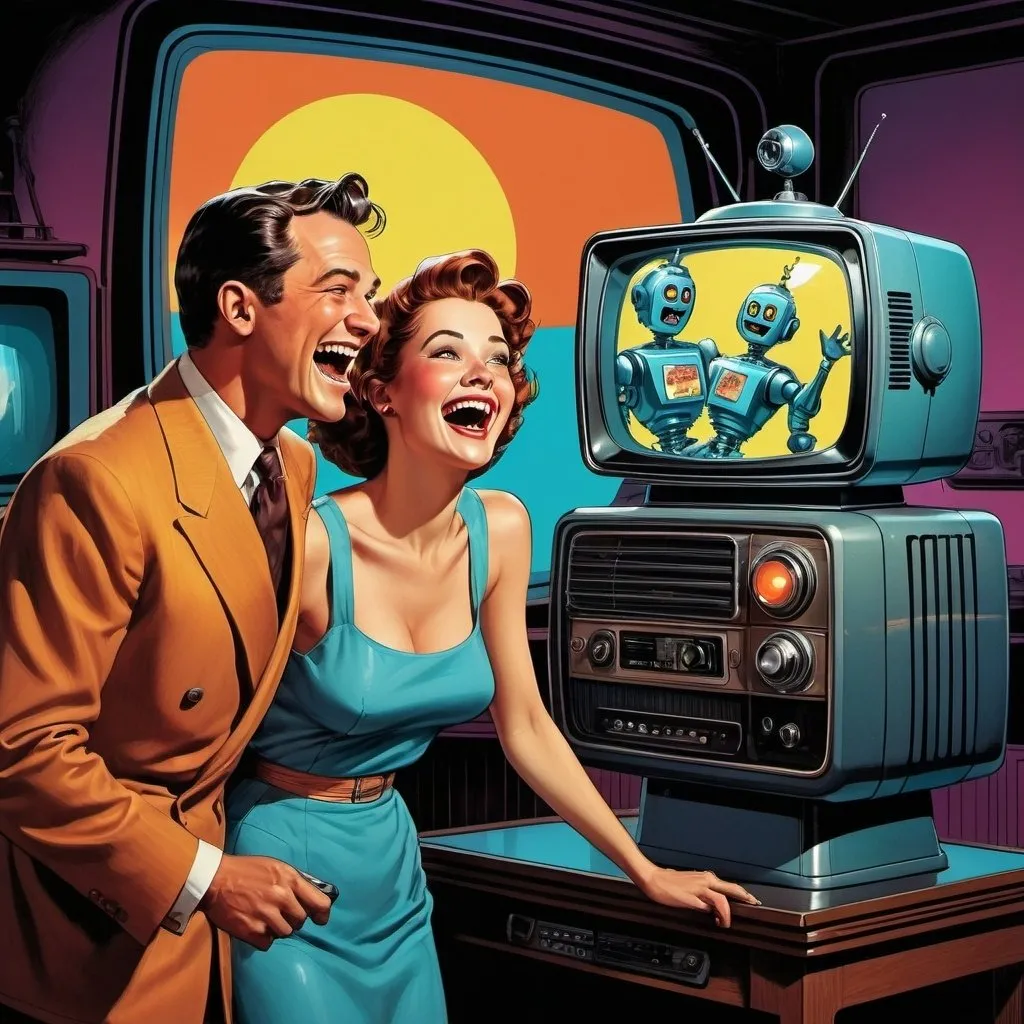 Prompt: Retro Technicolor style scene of two men and a woman looking and laughing at the retro tv-screen, on the screen is a retrofuturistic robot's laughing face. Mark Brooks and Dan Mumford, comic book art, perfect, smooth