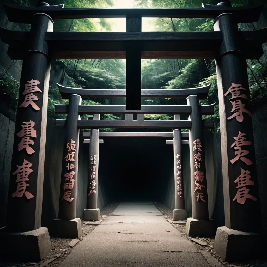 Prompt: Eerie liminal space type dark tunnel with a Torii gate at the middle  Small, folded (paper dolls 1.2) with intricate markings are (flying  in the air 1.5). intricate details, HDR, beautifully shot, hyperrealistic, sharp focus, 64 megapixels, perfect composition, high contrast, cinematic, atmospheric, moody