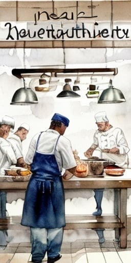 Prompt: Watercolor painting of chefs cooking in a bustling restaurant kitchen, vibrant and lively atmosphere, sizzling pans and billowing steam, fresh ingredients, dynamic brushstrokes, vibrant color palette, high quality, watercolor, lively, bustling, chefs, restaurant kitchen, vibrant atmosphere, sizzling pans, steam, fresh ingredients, dynamic brushstrokes, vibrant colors