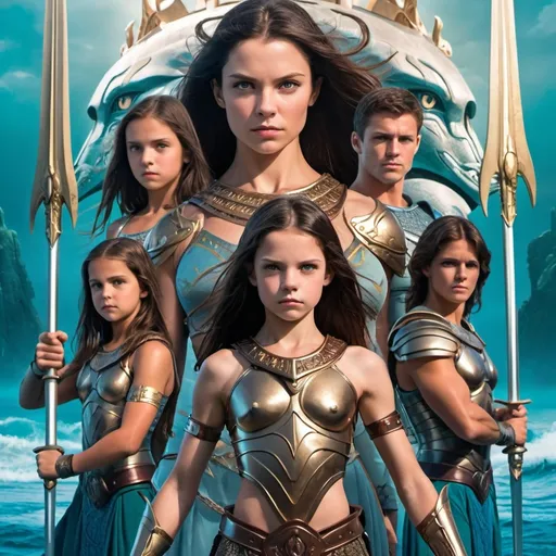 Prompt: brunette pale 12 year old muscular abs visible queen, Atlantean armour, warrior, attack stance, her 30 year old mother and brother and sisters beside her, Atlantean trireme background, movie poster 