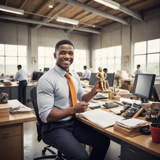 Prompt: “Create an image that depicts someone working hard and achieving success. The person can be shown working in an office, a farm, or a factory. Include elements like sweat on their forehead, a satisfied smile, and symbols of success such as a trophy, a medal, or a diploma. The background can show the work environment or the place where the effort is being made. The image should reflect the concept of diligent effort and the success achieved as a result of that effort.”