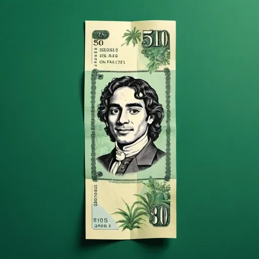 Prompt: make a paper bill with tropical features and the name senna on it green background