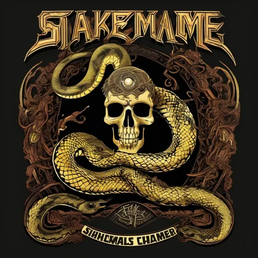 Prompt: heavy metal band shirt design for a band called "Snake Charmer", biker influenced, bold graphics, vintage style, dark palette with metallic accents, guitars, intricate details, retro font, high-energy vibe, rebellious attitude, eye-catching layout, suitable for merchandise, ultra-detailed, dynamic composition, inspired by legendary bands, edgy atmosphere, nostalgic appeal.