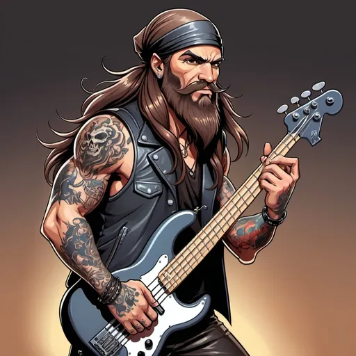 Prompt: heavy metal bass guitar player with long brown hair and beard, leather durag, leather vest, tattoo on arm, cartoon illustration