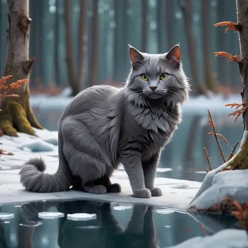 Prompt: a mysterious forest next to an icy lake, high quality, a gray cat