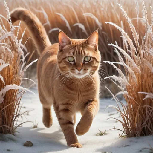 Prompt: A realistic brown cat running through frosted grasses