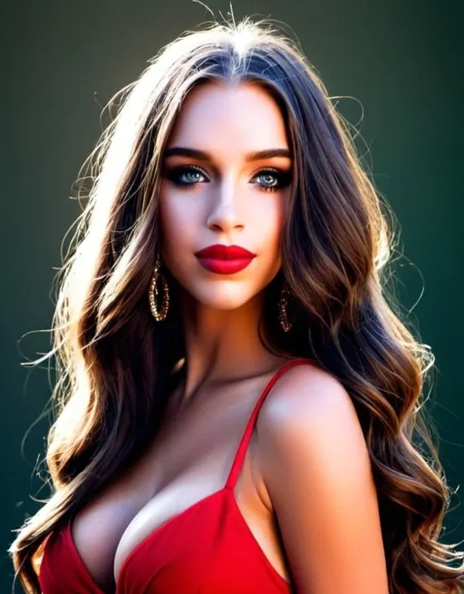 Prompt: 22 year old woman . very beautiful. .wearing Kim Kardashian /Sofia Vergara hot nightclub outfit -Red cocktail dress, high heels, statement earrings.hoop earrings. she is slightly tanned as well and has over-the-top makeup
