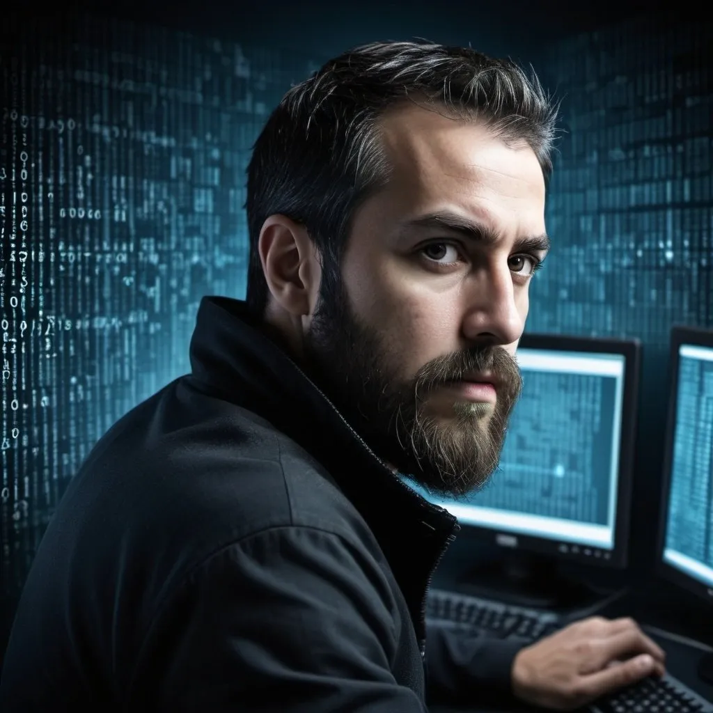 Prompt: Argentine security specialist man with a beard of about 5 cm, running command of computer security tools, an interlaced matrix code should be seen between the background and the focus of the image, The dimensions of the image should be used in a wallpaper, the overall appearance should be dark, as if you are working at night
