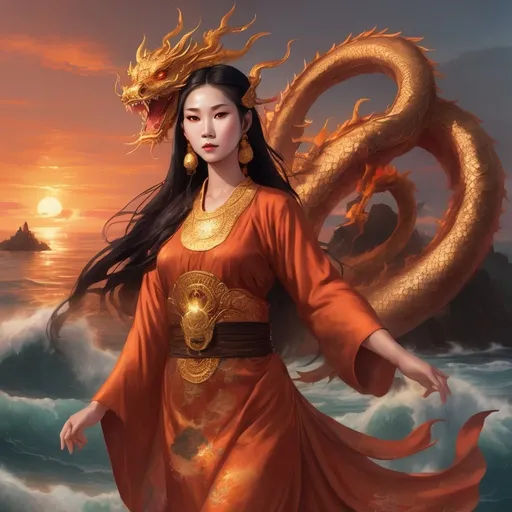 Prompt: The supernatural sea goddess Mazu. She’s southeast Asian, wearing a brownish gold Asian flowy dress. She has two golden brown reddish dragons next to her. She has a bright light behind her head and the background is oceanic with a firey sunset. 