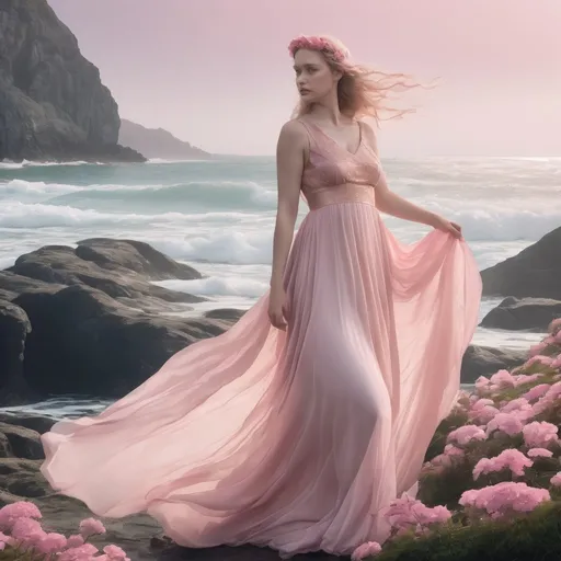 Prompt: The sea goddess Cliodna wearing a light pink flowy dress with an oceanic background and pink flowers 