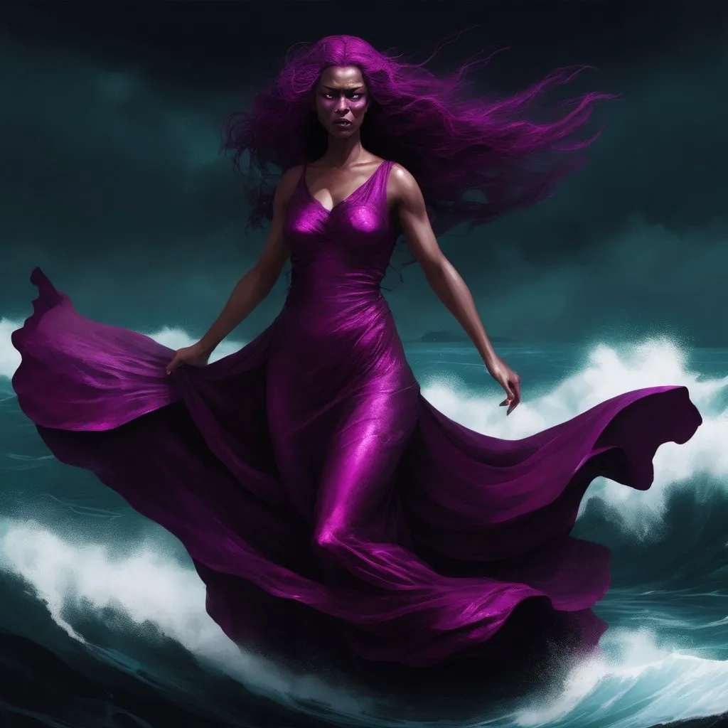 Prompt: The fearsome and beautiful sea goddess Ceto. She’s wearing a deep magenta flowy dress and has an essence of danger and mystery. The background is deep dark oceanic with an angry and powerful sea behind her. 