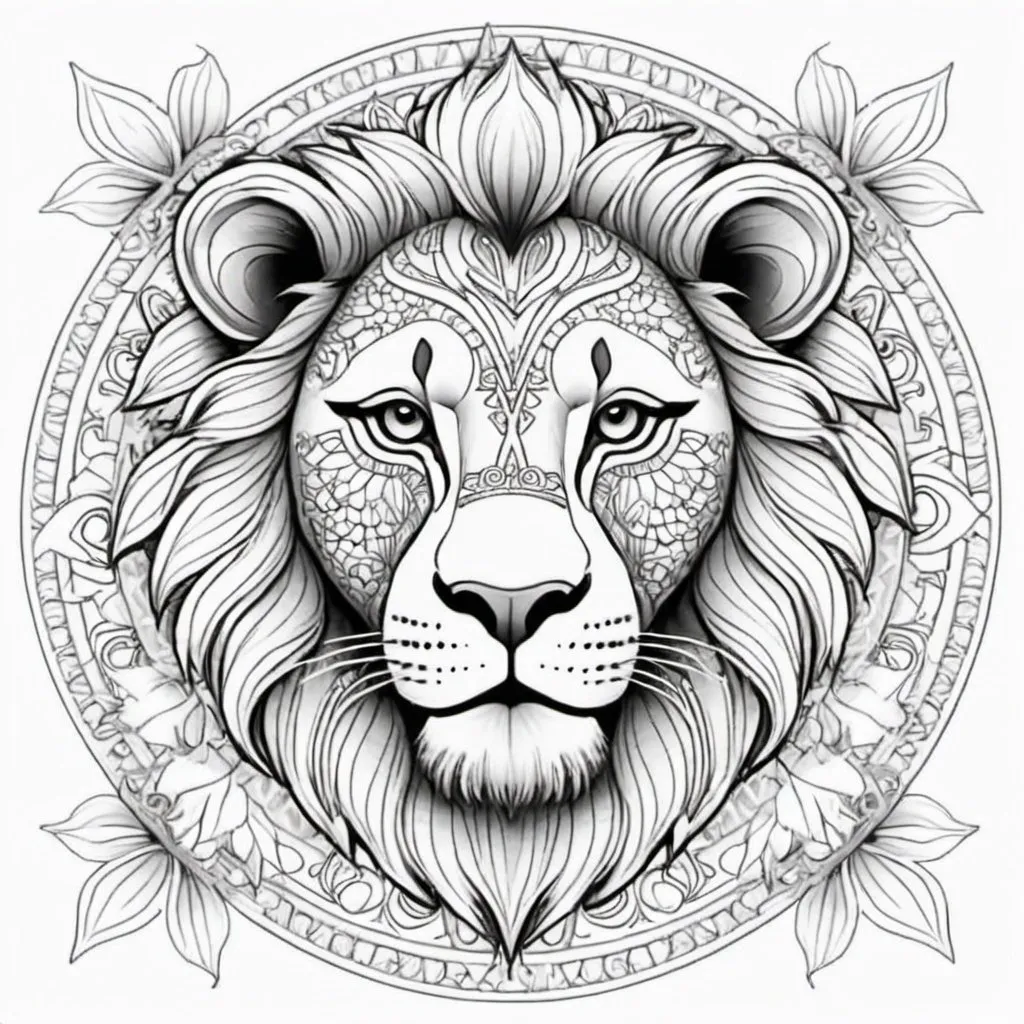 Prompt: coloring book page mandala lion