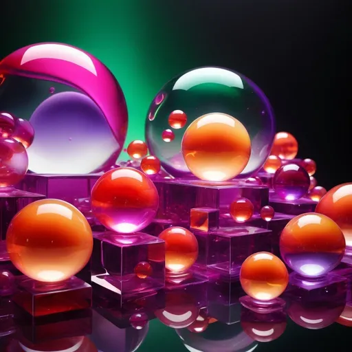 Prompt: Abstract glossy, tantric fluid-like transparent structures,spheres, cubes,pyramids,transparent magenta orange, red,purple, green,molten glass in mid-air, dynamic, dark backdrop