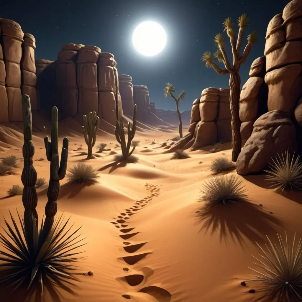 Prompt: An image that is used for a 3d adventure game. Show me desert at night from birds perspective. 