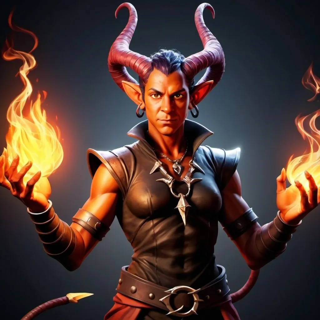 Prompt: hyper-realistic Tiefling character with fire hands, fantasy character art, illustration, dnd, warm tone