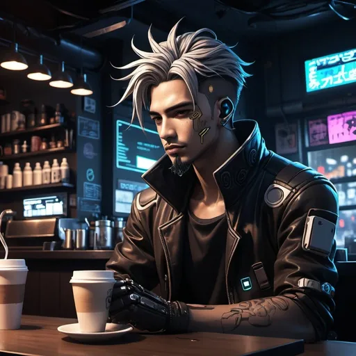 Prompt: Anime cyberpunk style, man in coffee shop, highly detailed, HD, dark background