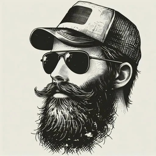 Prompt: Vintage clipart drawing of a man with a beard wearing dark sunglasses and a trucker hat, black and white, ink drawing