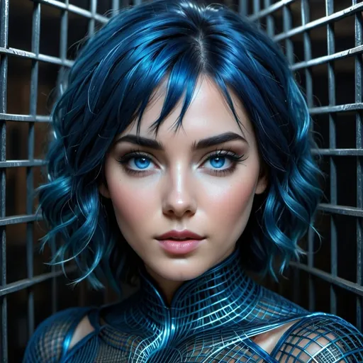 Prompt: (Grid formations as  woman's skin), blue hair, blue eyes, full body, masterful shading, twisted steel wire, photorealistic, hyper-realistic details, dark and dramatic color tones, high contrast, intricate patterns, surreal atmosphere, ethereal lighting, haunting and enigmatic emotion, ultra-detailed, cinematic quality, high-resolution 4K, surrealist background, intricate textures, steel reflections, flawless skin details.